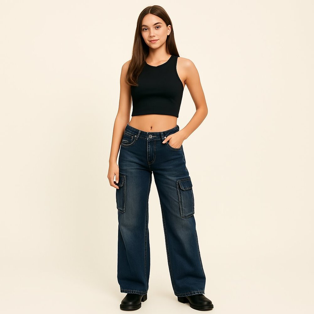 Refuge Women's Low Rise Blue Denim Wide Leg Cargo Jeans Y2k Size 5